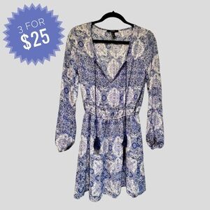 Sale FOREVER 21 Women’s Dress S Tunic Boho Long Sleeved Lightweight Blue White